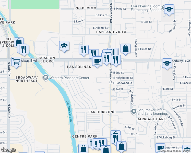 map of restaurants, bars, coffee shops, grocery stores, and more near 7809 East Hawthorne Street in Tucson