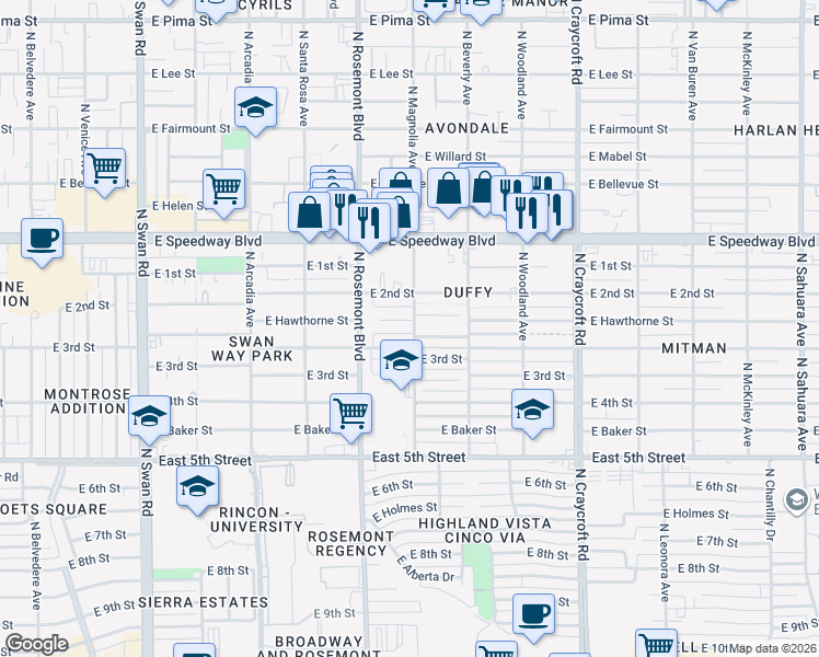 map of restaurants, bars, coffee shops, grocery stores, and more near 5212 East Hawthorne Place in Tucson