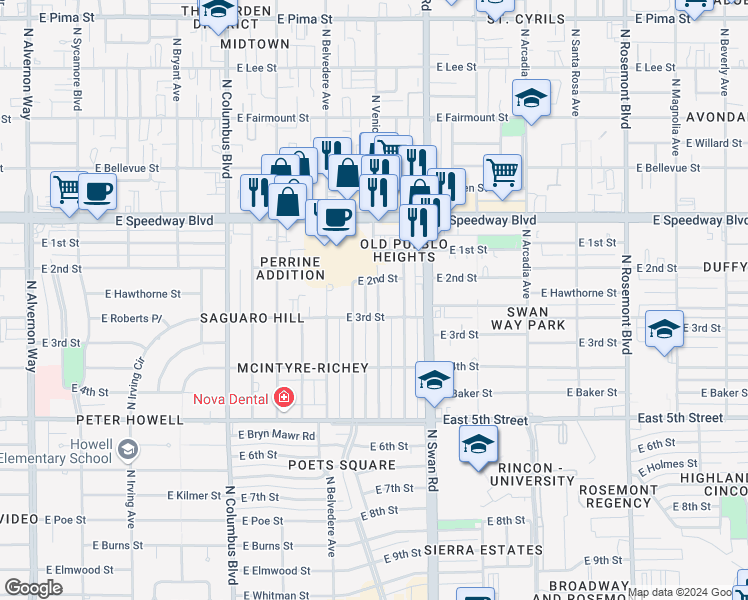 map of restaurants, bars, coffee shops, grocery stores, and more near 955 North Venice Avenue in Tucson