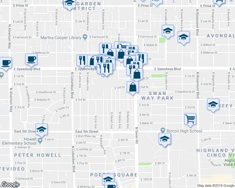 map of restaurants, bars, coffee shops, grocery stores, and more near 955 North Venice Avenue in Tucson