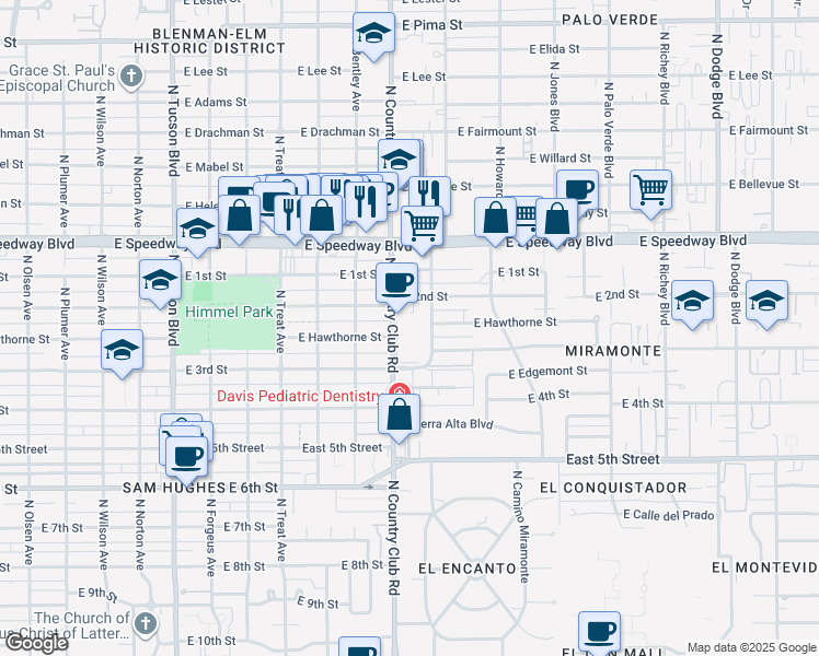 map of restaurants, bars, coffee shops, grocery stores, and more near 930 North Country Club Road in Tucson