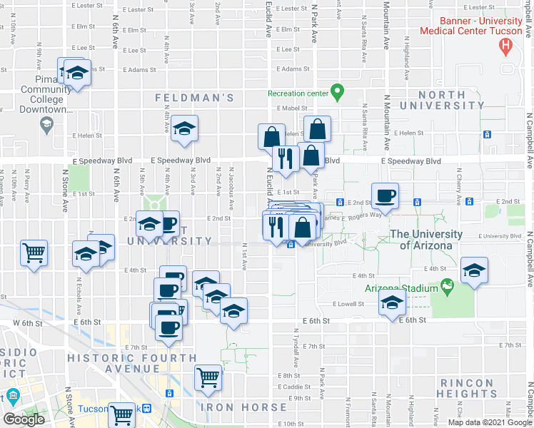 map of restaurants, bars, coffee shops, grocery stores, and more near 931 North Euclid Avenue in Tucson