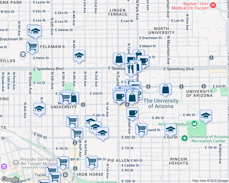 map of restaurants, bars, coffee shops, grocery stores, and more near in Tucson