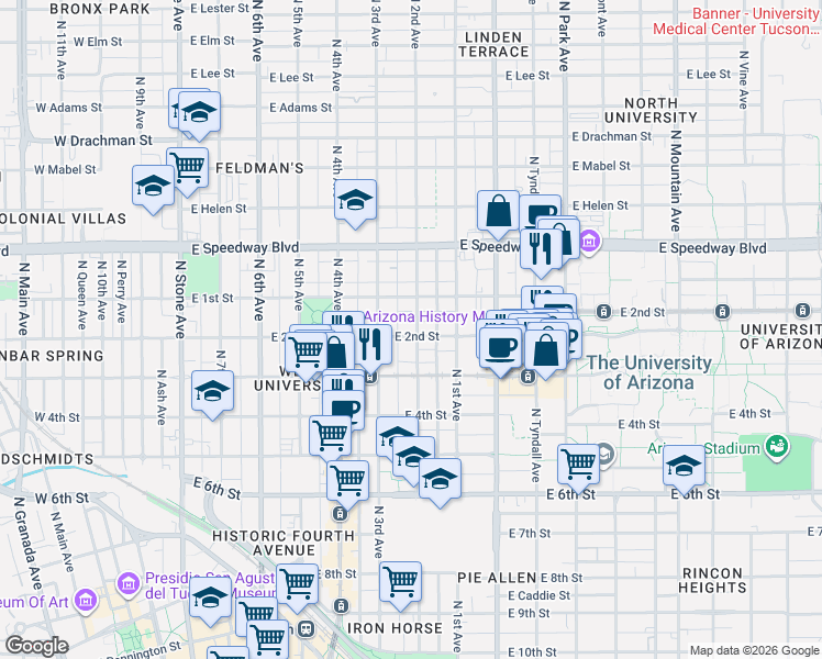 map of restaurants, bars, coffee shops, grocery stores, and more near 918 North 2nd Avenue in Tucson