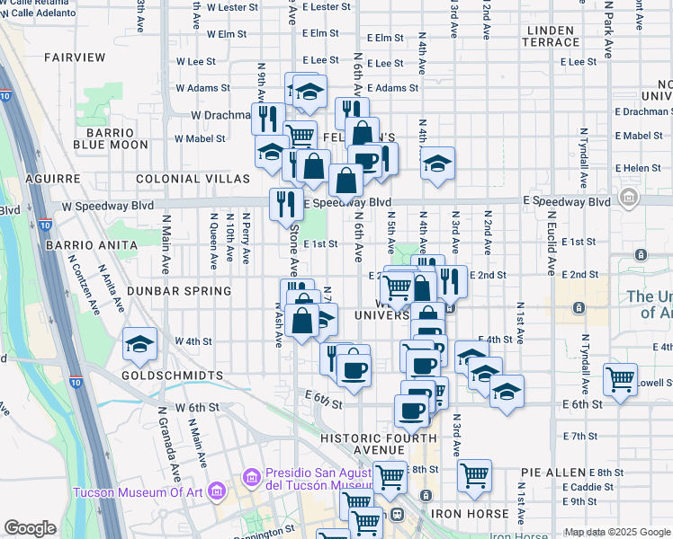 map of restaurants, bars, coffee shops, grocery stores, and more near 930 North 7th Avenue in Tucson