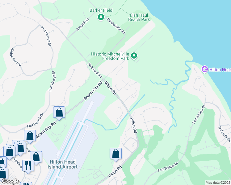 map of restaurants, bars, coffee shops, grocery stores, and more near 11 Arandas Way in Hilton Head Island