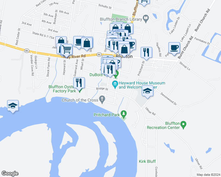 map of restaurants, bars, coffee shops, grocery stores, and more near 21 Green Street in Bluffton