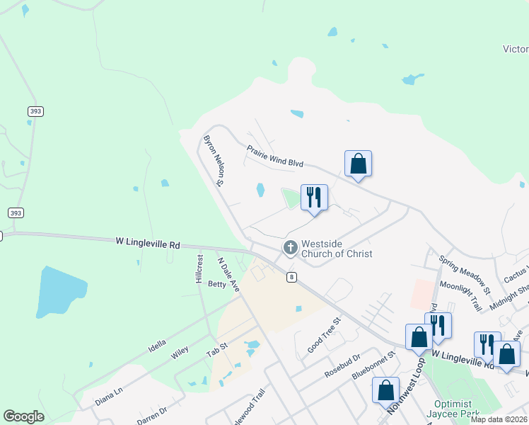 map of restaurants, bars, coffee shops, grocery stores, and more near 107 Sandra Palmer Street in Stephenville