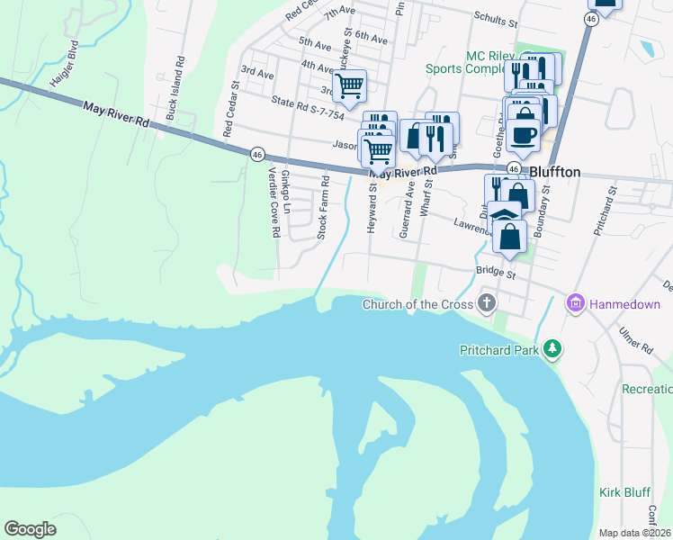 map of restaurants, bars, coffee shops, grocery stores, and more near 137 Bridge St in Bluffton