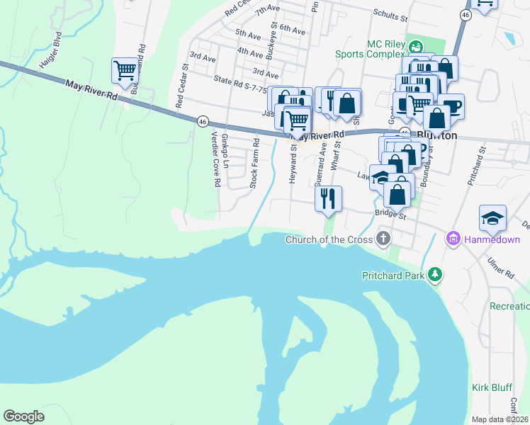 map of restaurants, bars, coffee shops, grocery stores, and more near 137 Bridge St in Bluffton