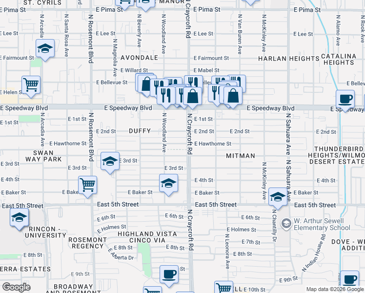 map of restaurants, bars, coffee shops, grocery stores, and more near 5450 East Hawthorne Street in Tucson