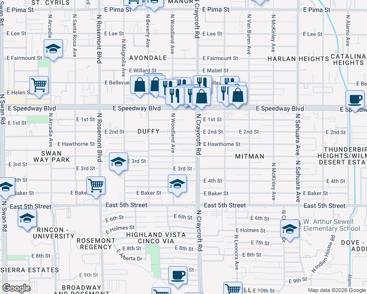map of restaurants, bars, coffee shops, grocery stores, and more near 5426 East Hawthorne Street in Tucson