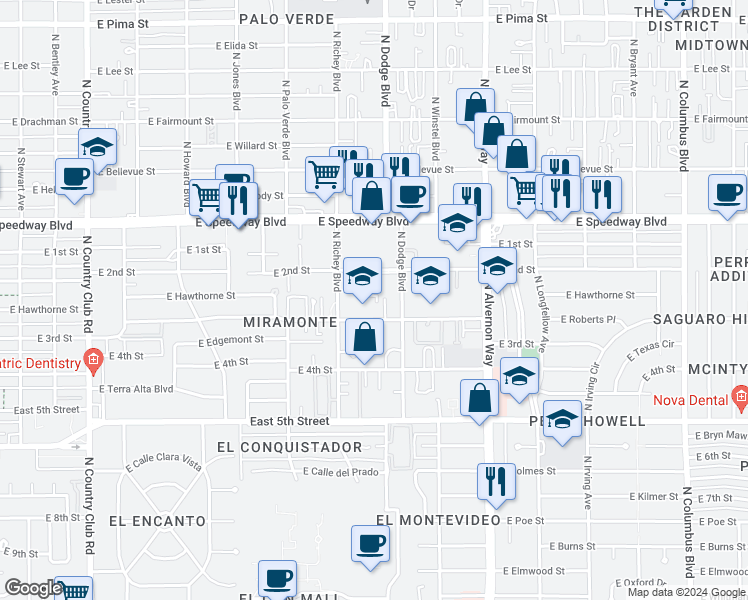 map of restaurants, bars, coffee shops, grocery stores, and more near 922 North Chrysler Drive in Tucson