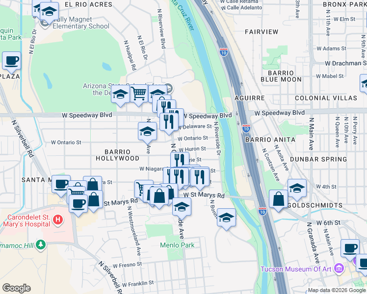 map of restaurants, bars, coffee shops, grocery stores, and more near 814 North Grande Avenue in Tucson