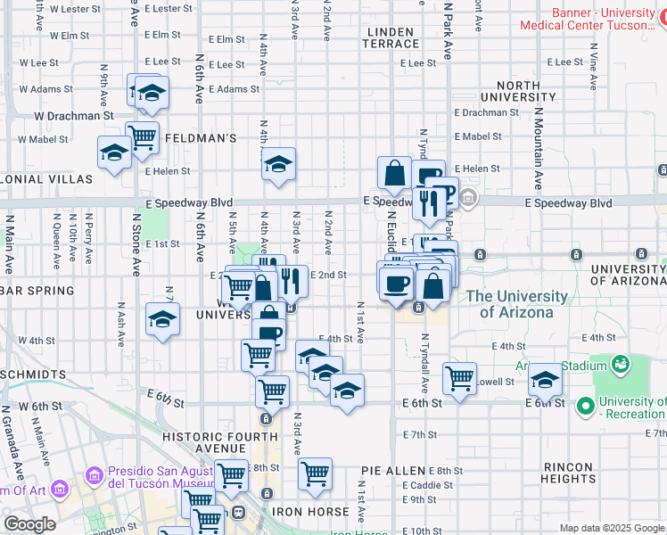 map of restaurants, bars, coffee shops, grocery stores, and more near 918 North 2nd Avenue in Tucson