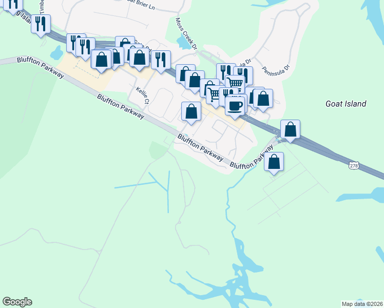 map of restaurants, bars, coffee shops, grocery stores, and more near 14 Old South Court in Bluffton