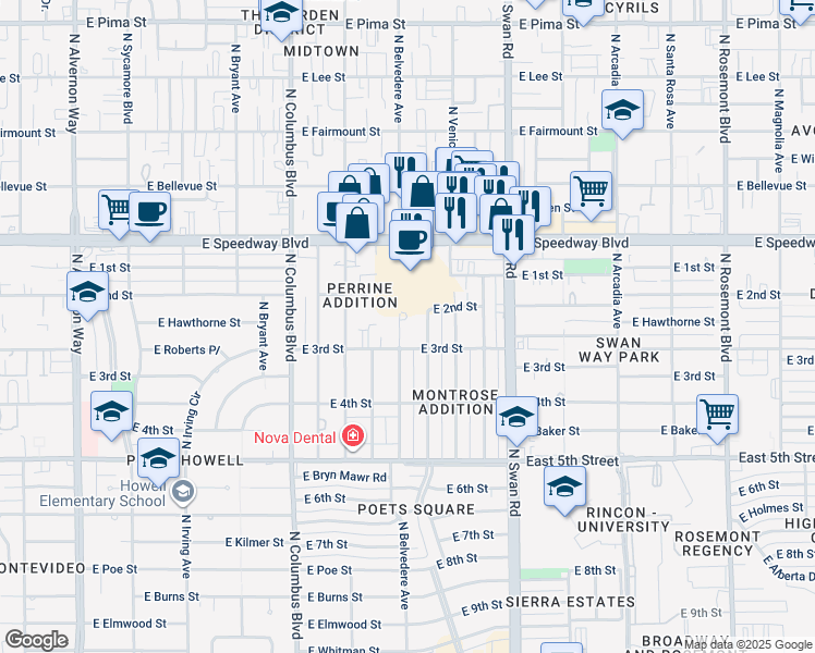 map of restaurants, bars, coffee shops, grocery stores, and more near 926 North Belvedere Avenue in Tucson
