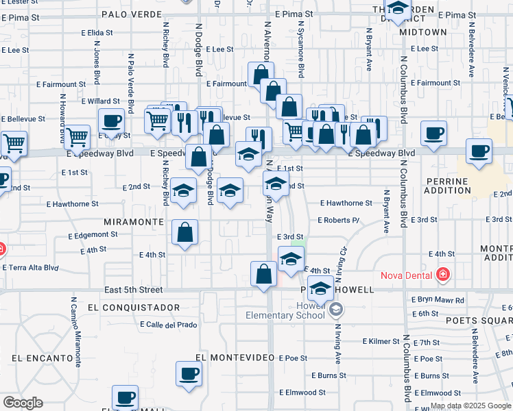 map of restaurants, bars, coffee shops, grocery stores, and more near 933 North Alvernon Way in Tucson