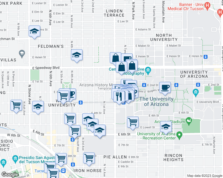 map of restaurants, bars, coffee shops, grocery stores, and more near in Tucson
