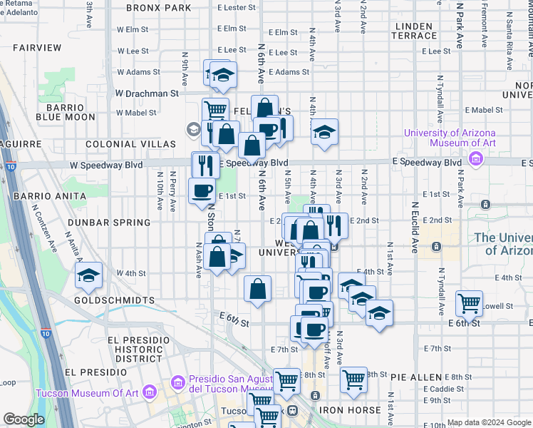 map of restaurants, bars, coffee shops, grocery stores, and more near 924 North 6th Avenue in Tucson