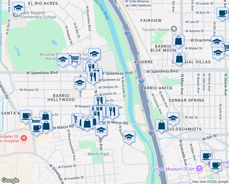 map of restaurants, bars, coffee shops, grocery stores, and more near 802 North Columbia Avenue in Tucson