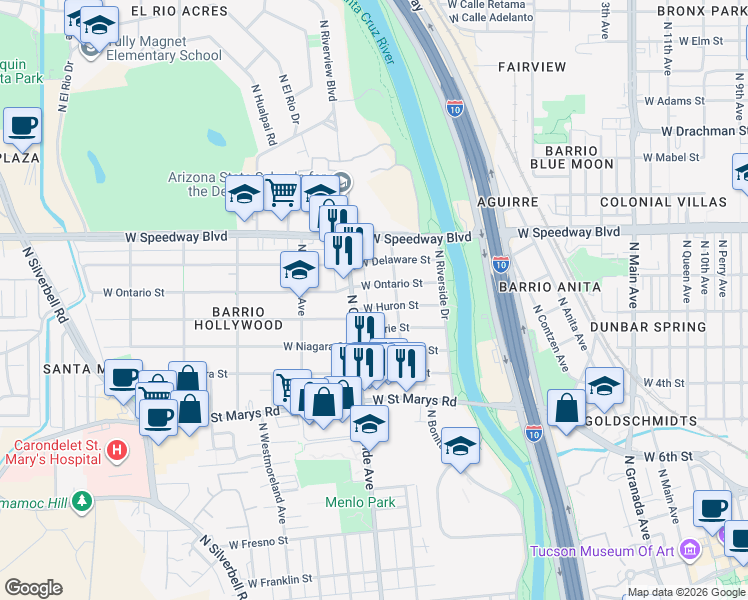 map of restaurants, bars, coffee shops, grocery stores, and more near 814 North Grande Avenue in Tucson