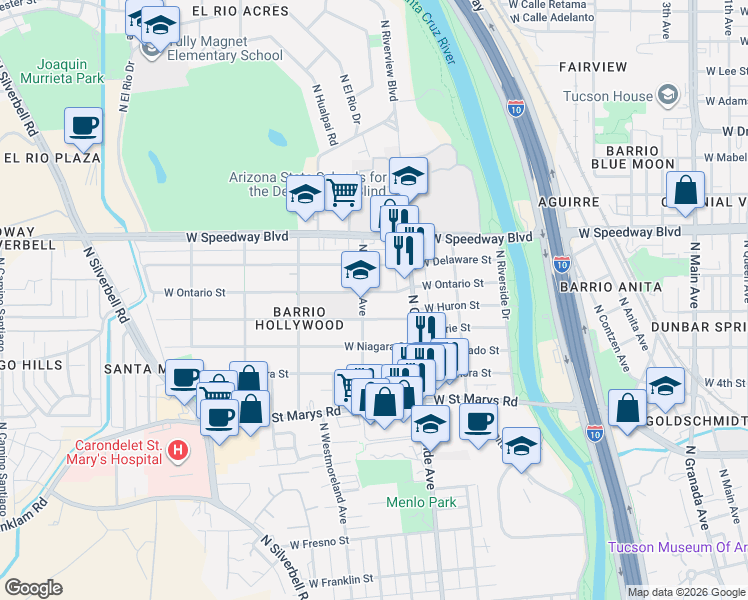 map of restaurants, bars, coffee shops, grocery stores, and more near 1213 West Ontario Street in Tucson