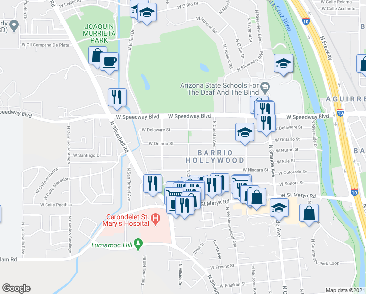 map of restaurants, bars, coffee shops, grocery stores, and more near 1445 West Ontario Street in Tucson