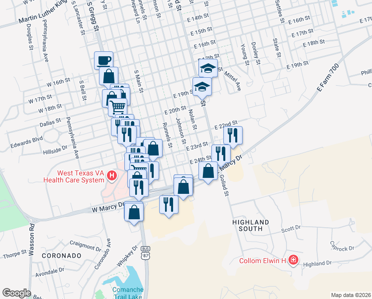 map of restaurants, bars, coffee shops, grocery stores, and more near 301 East 23rd Street in Big Spring