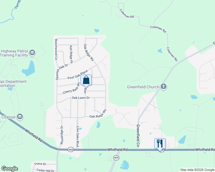 map of restaurants, bars, coffee shops, grocery stores, and more near 568 Oak Ridge Way in Pearl