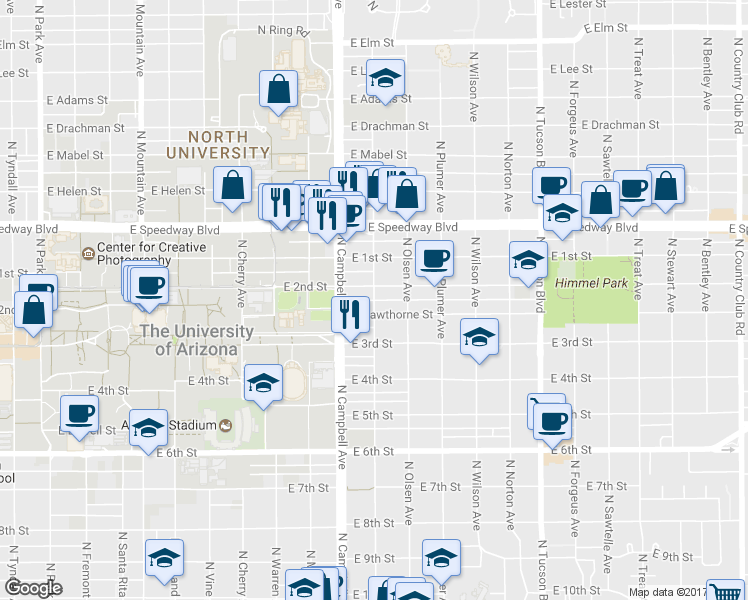 map of restaurants, bars, coffee shops, grocery stores, and more near 909 North Norris Avenue in Tucson