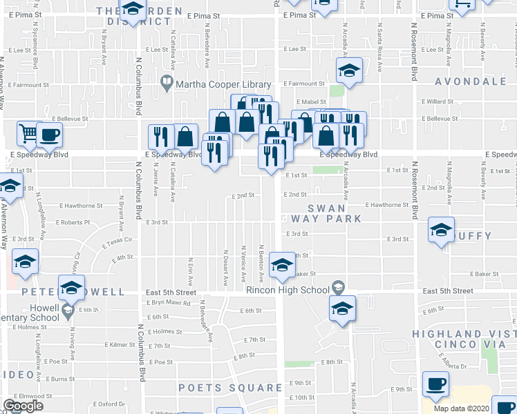 map of restaurants, bars, coffee shops, grocery stores, and more near 929 North Benton Avenue in Tucson