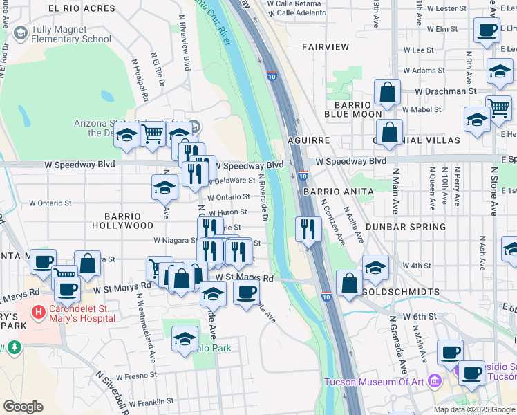 map of restaurants, bars, coffee shops, grocery stores, and more near 1004 West Huron Street in Tucson