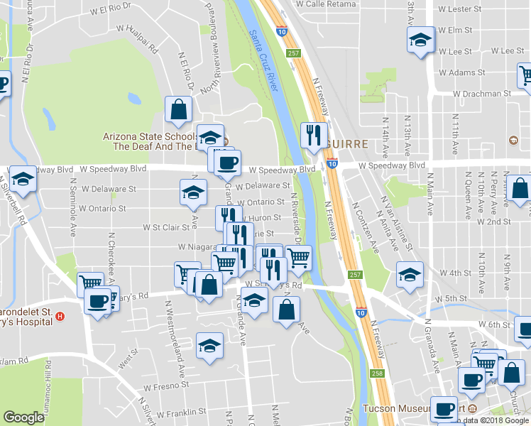 map of restaurants, bars, coffee shops, grocery stores, and more near 802 North Columbia Avenue in Tucson