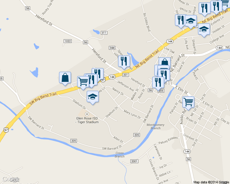 map of restaurants, bars, coffee shops, grocery stores, and more near 601 Nancy Drive in Glen Rose