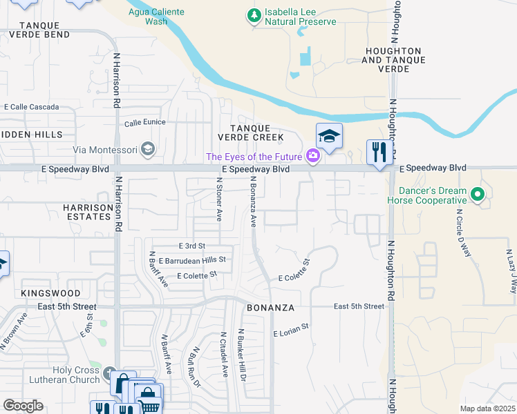map of restaurants, bars, coffee shops, grocery stores, and more near 9901 East Hawthorne Street in Tucson