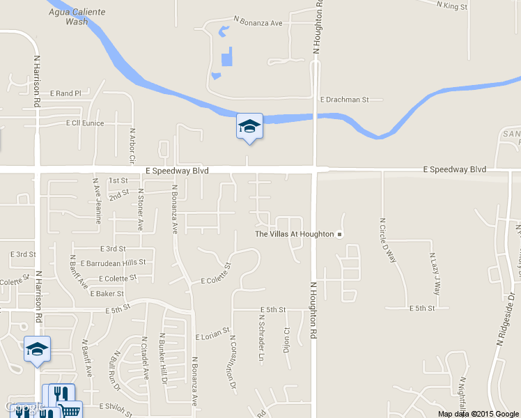 map of restaurants, bars, coffee shops, grocery stores, and more near 10125 East Arizmo Street in Tucson