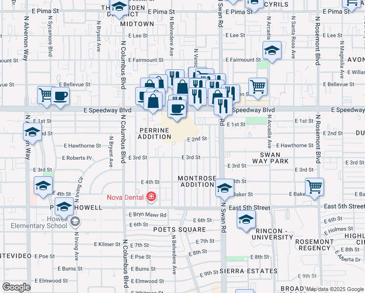 map of restaurants, bars, coffee shops, grocery stores, and more near 926 North Belvedere Avenue in Tucson