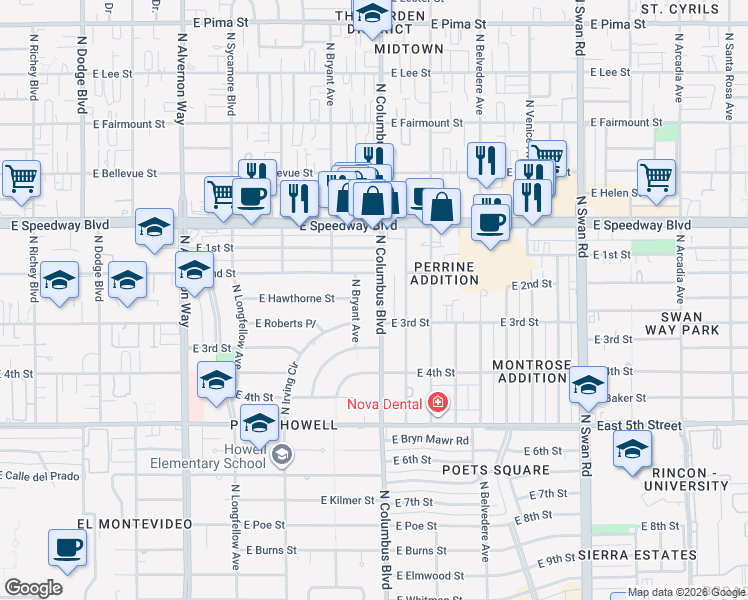 map of restaurants, bars, coffee shops, grocery stores, and more near 942 North Columbus Boulevard in Tucson