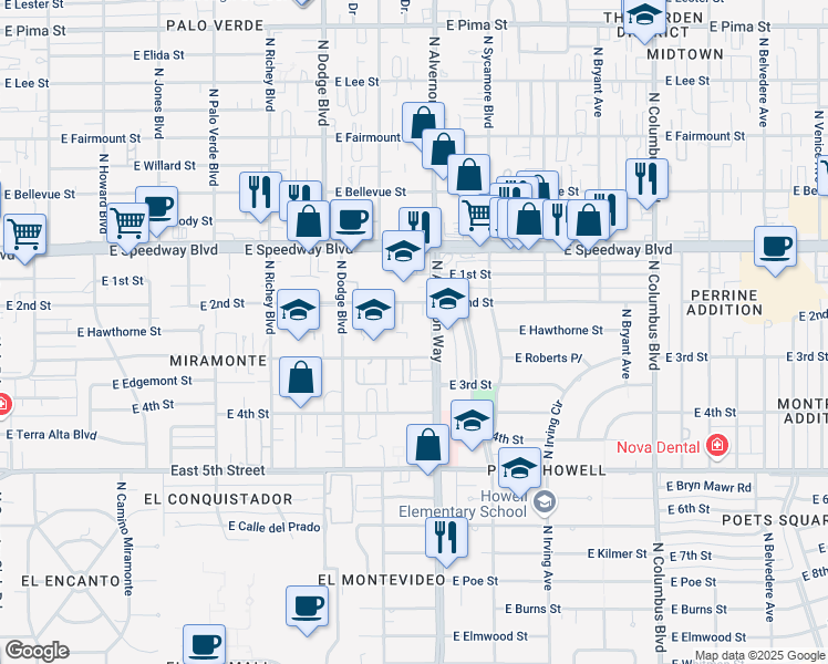 map of restaurants, bars, coffee shops, grocery stores, and more near 933 North Alvernon Way in Tucson