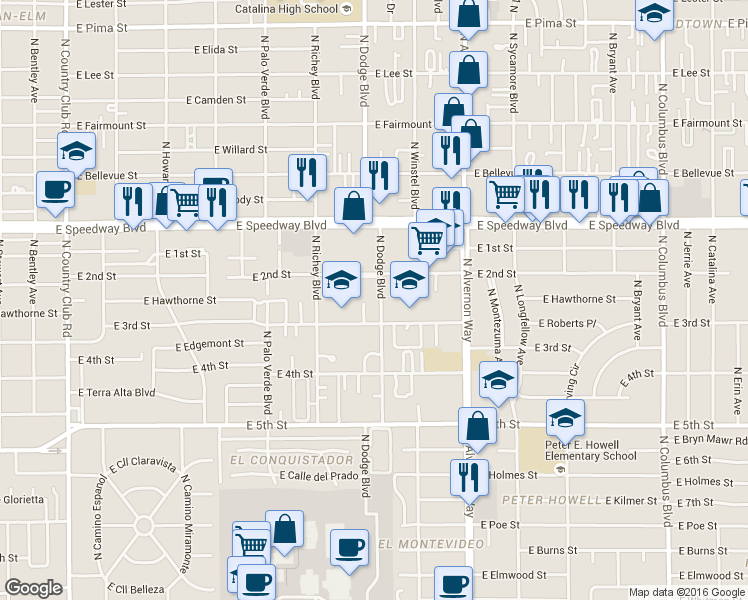 map of restaurants, bars, coffee shops, grocery stores, and more near 938 North Dodge Boulevard in Tucson