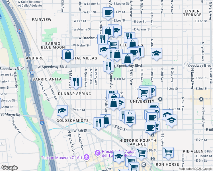 map of restaurants, bars, coffee shops, grocery stores, and more near 928 North 9th Avenue in Tucson