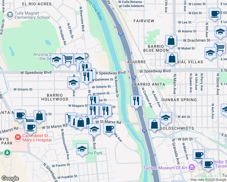 map of restaurants, bars, coffee shops, grocery stores, and more near 1004 West Huron Street in Tucson