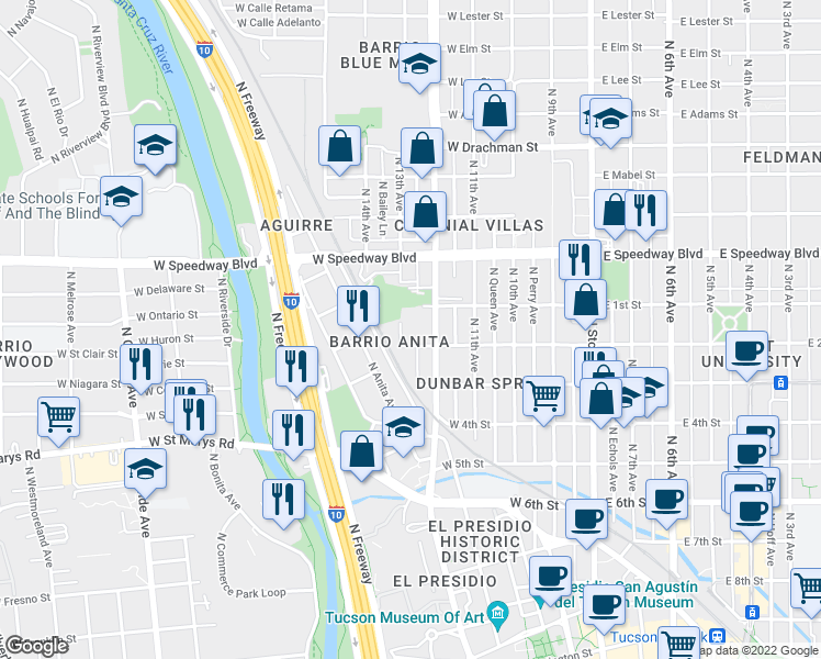 map of restaurants, bars, coffee shops, grocery stores, and more near 922 North 13th Avenue in Tucson