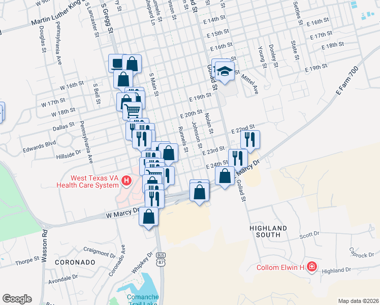 map of restaurants, bars, coffee shops, grocery stores, and more near 2209 Runnels Street in Big Spring