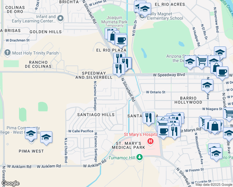 map of restaurants, bars, coffee shops, grocery stores, and more near 49 North Calle Santiago in Tucson