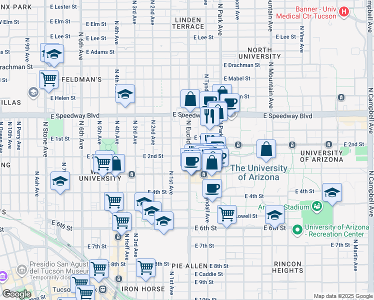 map of restaurants, bars, coffee shops, grocery stores, and more near 2558 North Geronimo Avenue in Tucson