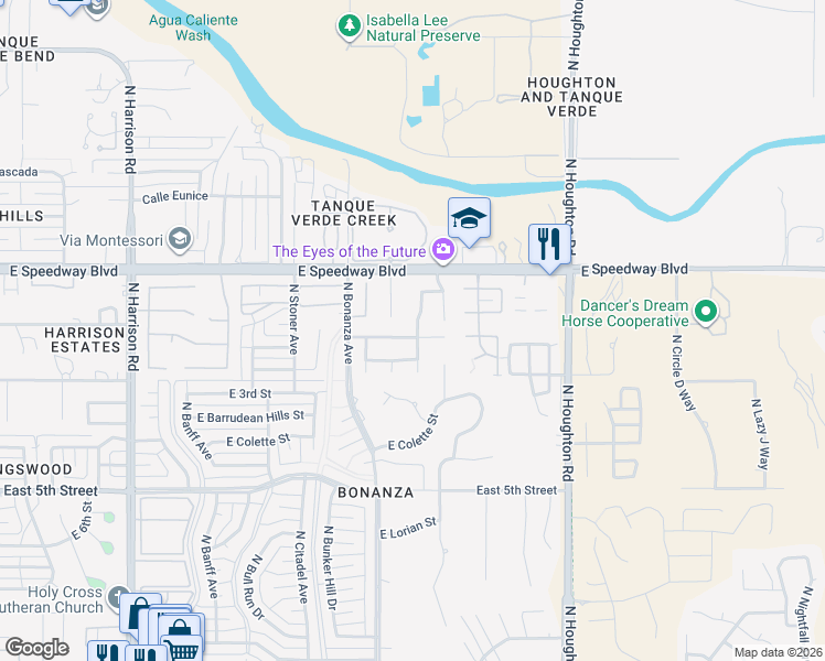 map of restaurants, bars, coffee shops, grocery stores, and more near 9957 East Hawthorne Street in Tucson