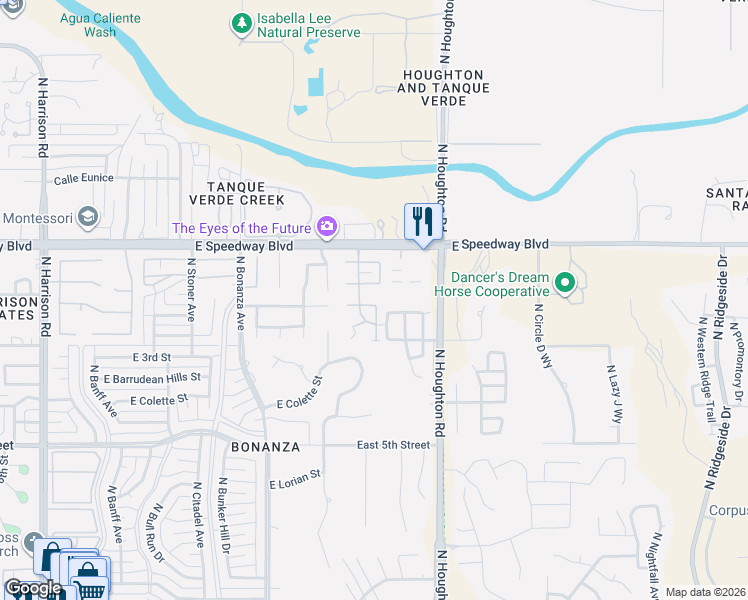 map of restaurants, bars, coffee shops, grocery stores, and more near 10163 East Arizmo Street in Tucson