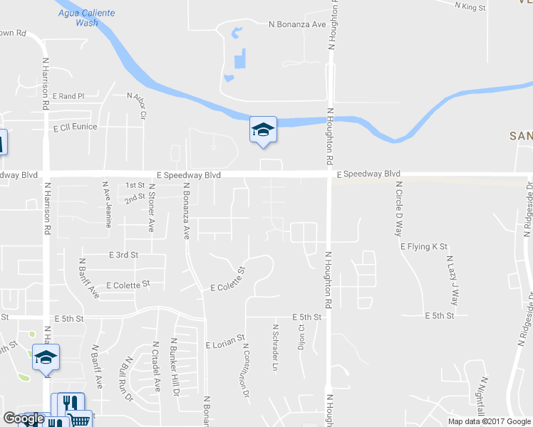 map of restaurants, bars, coffee shops, grocery stores, and more near 10125 East Arizmo Street in Tucson